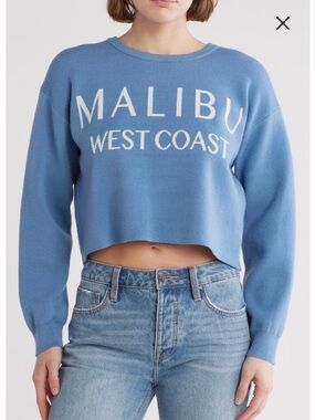 Vigoss Malibu West Coast Crop Sweater Blue Coastal Graphic Knit L EUC